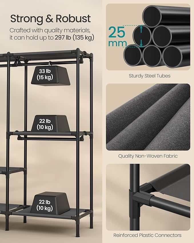 SONGMICS Clothes Rack, Portable Closet, Heavy-Duty Wardrobe Closet Organizer with Hanging Rails and Shelves, 79.9 Inches Tall, Total Load 297 lb, Easy Assembly, for Bedroom, Ink Black URDR212BZ01