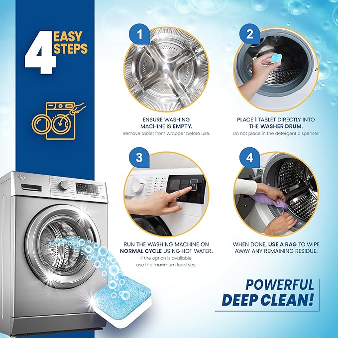 Washing Machine Cleaner Tablets 24 Pack - Deep Cleaning Tablets for Front & Top Load, Works With HE Washers, Removes Residue, Odor & Pet Hair - 12 Month Supply of Washer Cleaner Descalers, Septic Safe