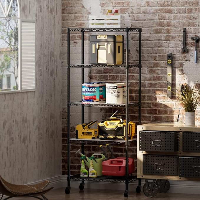 Golpart 5 Tier Shelves Storage Shelf Wire Closet Bathroom Organizers Metal Pantry Kitchen Garage Shelving Unit Laundry Room Organization Home Rack Net Basket Black with Wheels 14”D X 24”W X 61”H