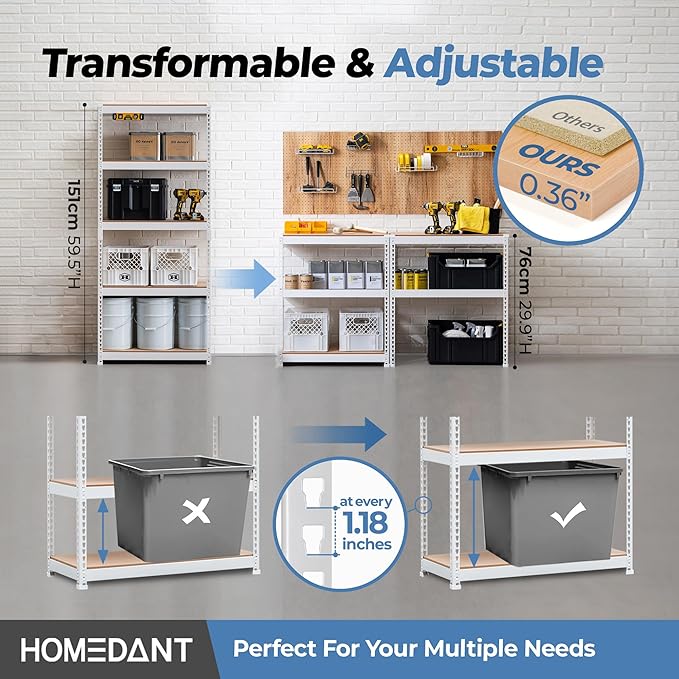 HOMEDANT 5 Tier Laminated White Boltless Metal Shelving Unit Adjustable Garage Storage Utility Rack Heavy Duty Shelves Organization Multipurpose Shelf Warehouse Pantry 28" W x 12.3" D x 59.5" H 2Pack