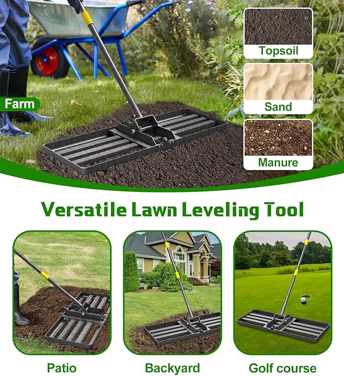 Lawn Leveling Rake 30x10 Inch , Heavy-Duty Yard Leveling Rake 6.2FT Leveler Tool for Soil, Sand & Topsoil, Backyard, Garden, Golf Course