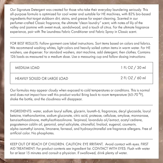 The Laundress Luxury Laundry Detergent, Gallon Pump, 126 Loads, Scented Signature Classic Fragrance, Concentrated Triple Enzyme Deep Cleaning and Targeted Stain Remover, 96% USDA Biobased Product