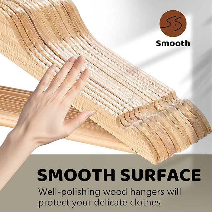 Edergoo Wooden Hangers 20 Pack, Durable Wood Hangers with 360° Swivel Hook & Notches, Slim Coat Hanger Wooden for Closet, Natural