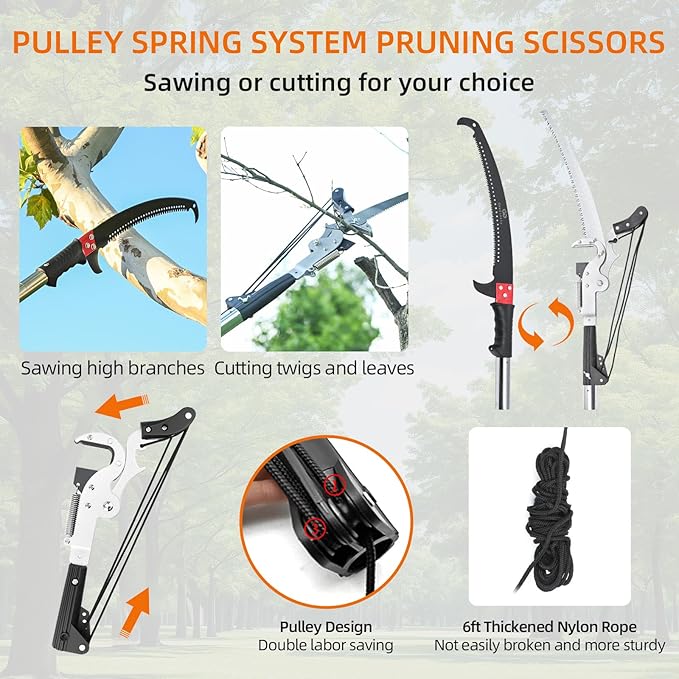 Manual Pole Saw for Tree Trimming, 27 FT Manual tree purner with 8 Fiberglass Handles, Sharp steel Blade and Heavy-Duty Giant Scissors, Extendable Design for Tree Maintenance, Orange