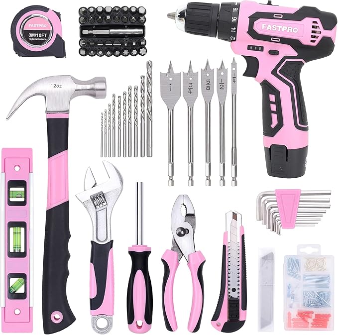 FASTPRO 175-Piece 12V Pink Drill Set, Cordless Lithium-ion Driver and Tool Kit, House Repairing Tool with 12-Inch Storage Bag, For DIY, Home Maintenance