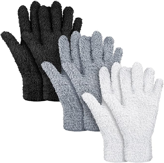 Patelai 3 Pairs Microfiber Plant Dusting Gloves Leaf Cleaning Gloves for Indoor Plants, Blinds, Furniture, House (Black,White,Gary,Small)