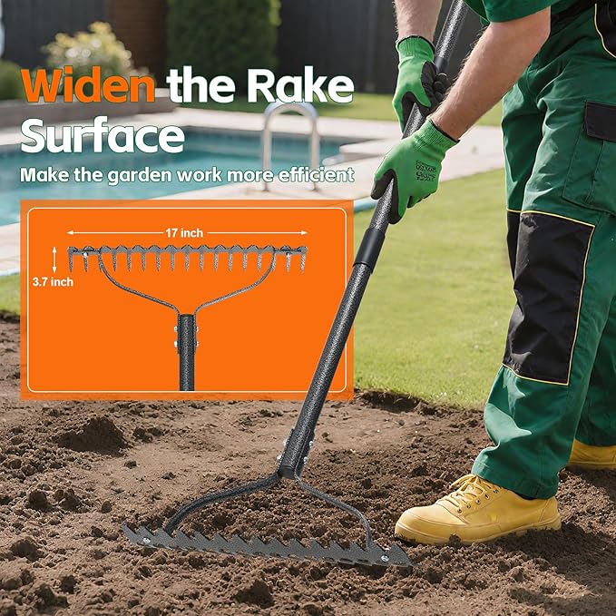 Garden Rake, 49" Adjustable Long Handle Lawn Leveling Bow Rake with 17 Tines, Garden Tool with Heavy Duty Metal for Looseing Soil, Weede Control