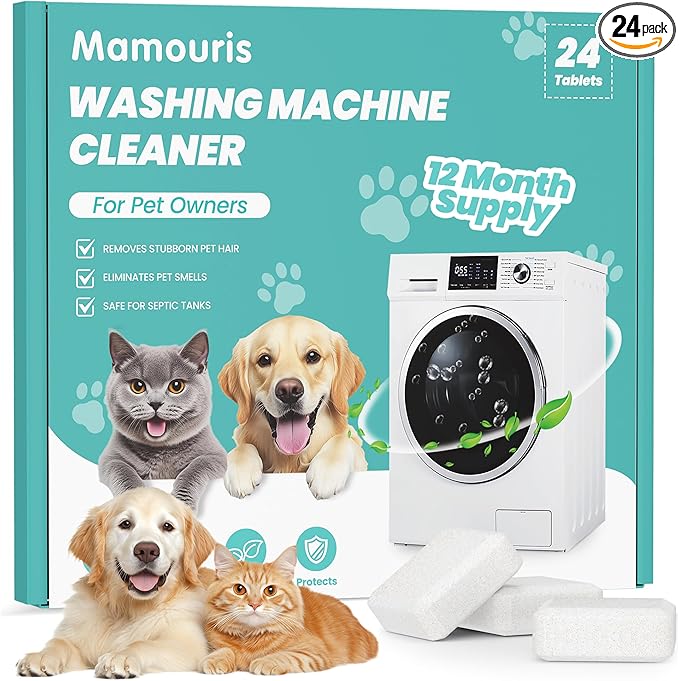 Washing Machine Cleaner Tablets: 24 Pack Deep Cleaning For HE, Front Loader & Top Load Washer, Removes Pet Hair, Odors, Formulated for Pet Owners, Septic Safe, 12 Month Supply, 11G