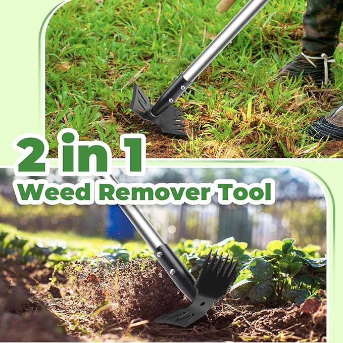 Weed Puller Tool with Long Handle, 60" Weed Remover Tool, 2 in 1 Weed Rake & Garden Hoe for Weeding, Weeder Tool with Detachable Handle, Uprooting Weeding Tool for Yard, Lawn, Patio, Garden