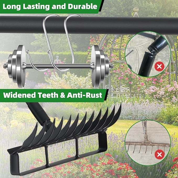 76.8" Garden Hoe and 12 Tines Rake 2-in-1 Garden Tool for Weeding, Garden Cultivator with Adjustable Long Handle Heavy Duty Weed Puller Stirrup Hoe for Ditching, Seeding, Loosening Soil