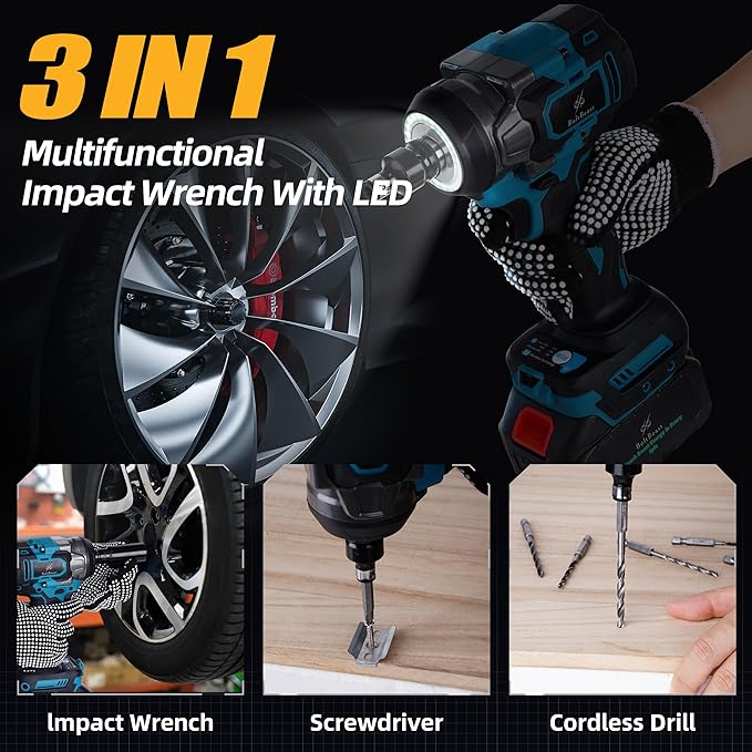 500 N.m Brushless Impact Wrench with Small Wrench, Waist Hook, 7 Sockets, 6 Scredrivers and 6 Drill Bits 3500 RPM Heavy Duty Impact Drill for Cars, RV, Truck,Home Furniture and DIY Projects