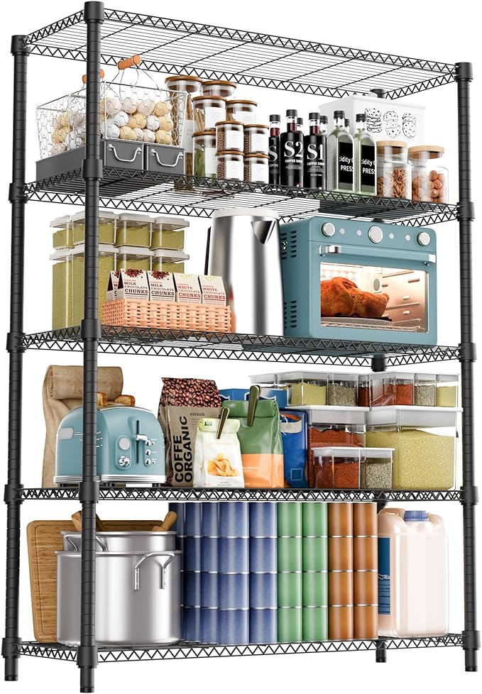 M MZG 1750LBS 47.2" W 5 Tiers Shelf Steel Storage Shelves Shelving Unit Steel Organizer Wire Rack for Home,Kitchen,Office,Garage Black 17.7" D x 47.2" W x 72.4" H