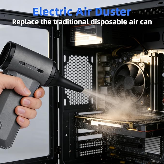 ODISTAR Compressed Air Duster - 130000 RPM Super Power Electric Air Duster, Rechargeable Cordless Air Blower with Stepless Speed Adjustable for Computer, Keyboard, Car, Home, Office