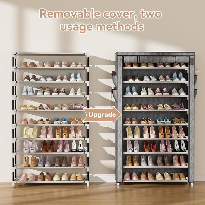 LANTEFUL Shoe Rack with Covers 10 Tier Tall Shoe Rack Organizer Large Capacity Shoe Shelf Storage 40 Pairs Space Saving Free Standing Shoe Storage Organizer for Closet, Entryway, Dorm, Printing