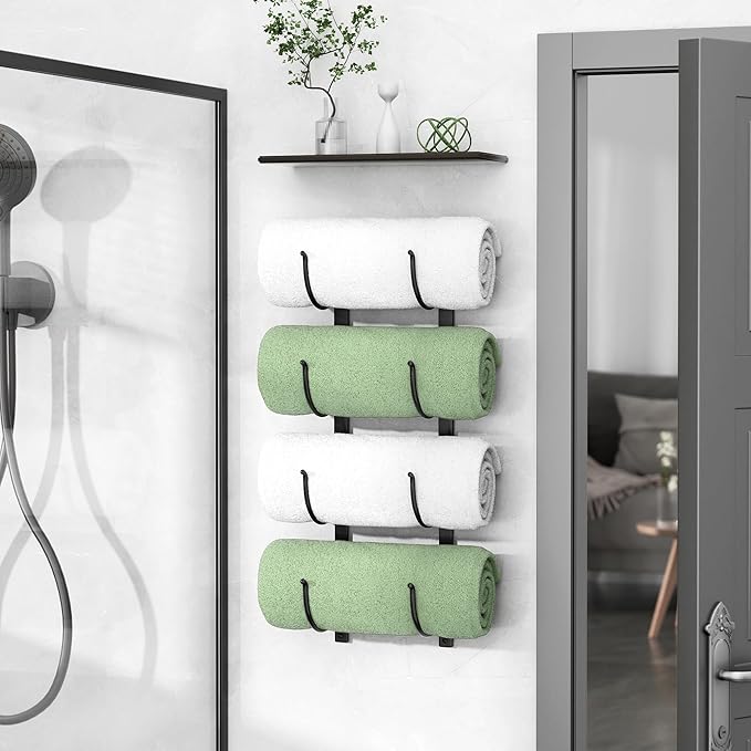 Rolled Towel Rack for Bathroom– 4-Tier Rolled Towel Storage Holder,Metal Organizer for Towels & Large Bath Sheets, Space Saving Rack for Small Bathroom, RV, Camper, Closet, Black Metal