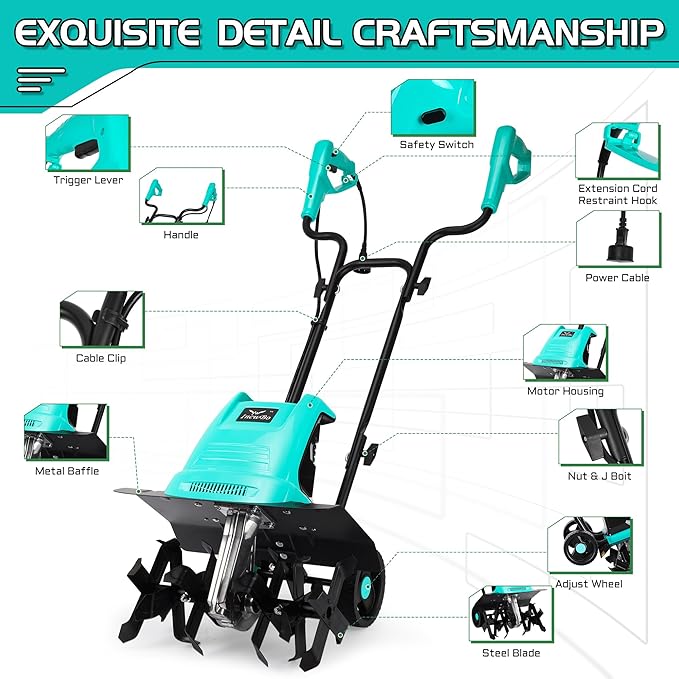 15 Amp 12 Inch Electric Tiller/Cultivator with 4 Steel Tines Small Garden Tiller for Gardening, Corded Rototiller with Adjustable Wheels