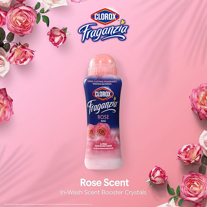 Clorox Fraganzia Laundry Scent Booster Crystals, In-Wash Fragrance Beads for Fresh-Smelling Clothes & Linens, Safe for All Fabrics & Colors, Easy-Pour Bottle, Rose Scent, 18 Oz, 2 Pack