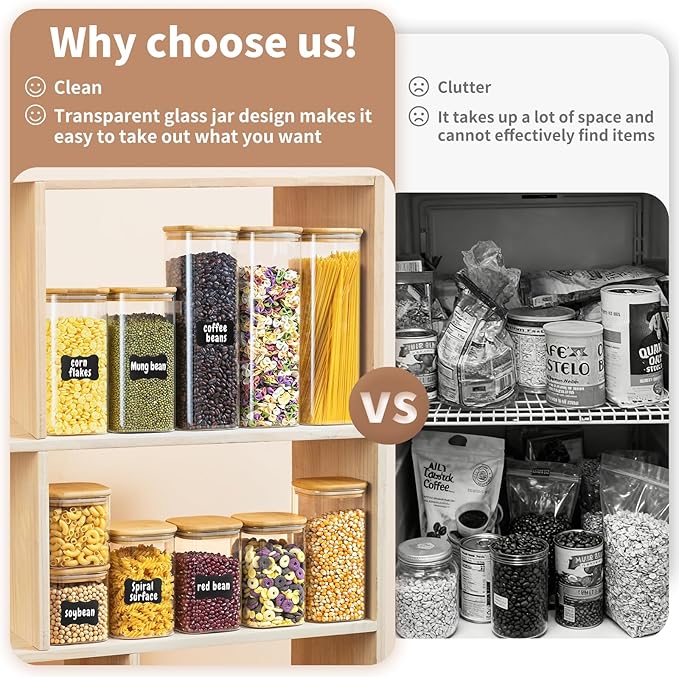 SENTVEND 24 Oz/ 37 Oz/ 51 Oz Glass Storage Jars with Bamboo Lids - 6 Pack Clear Glass Canisters Square Airtight Stackable Ideal for Pantry Storage Containers Great for Cereal Coffee Beans Snacks etc