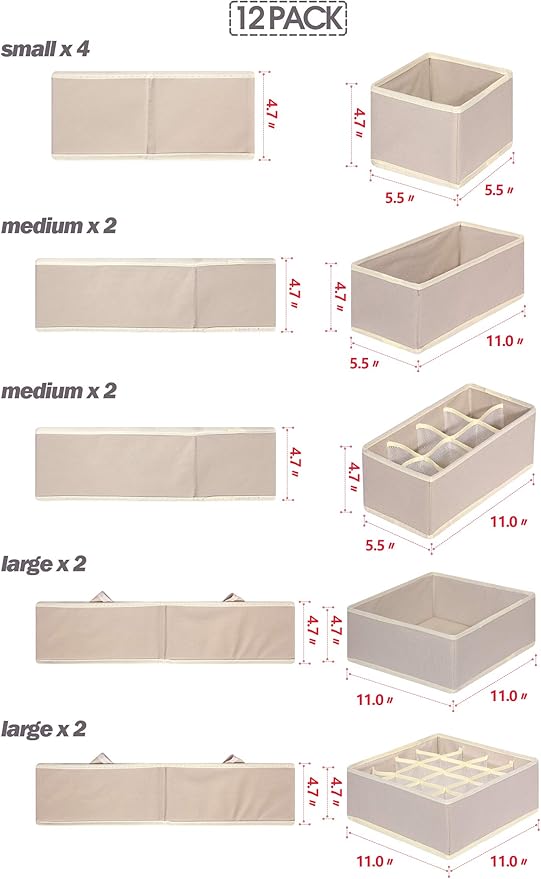 TENABORT 12 Pack Foldable Drawer Organizer Dividers Cloth Storage Box Closet Dresser Organizer Cube Fabric Containers Basket Bins for Underwear Bras Socks Panties Lingeries Nursery Baby Clothes Beige