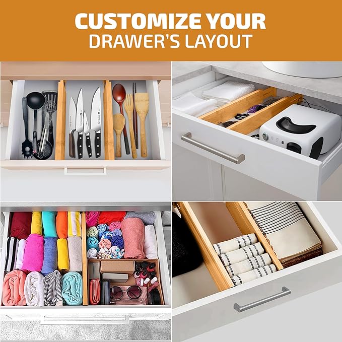 Bambüsi 4-Pack Bamboo Drawer Dividers - 2.6" High, 12.5"-17" Adjustable Drawer Organizers for Clothes, Expandable Dresser Separators in Bedroom/Bathroom/Kitchen/Office Organization and Storage