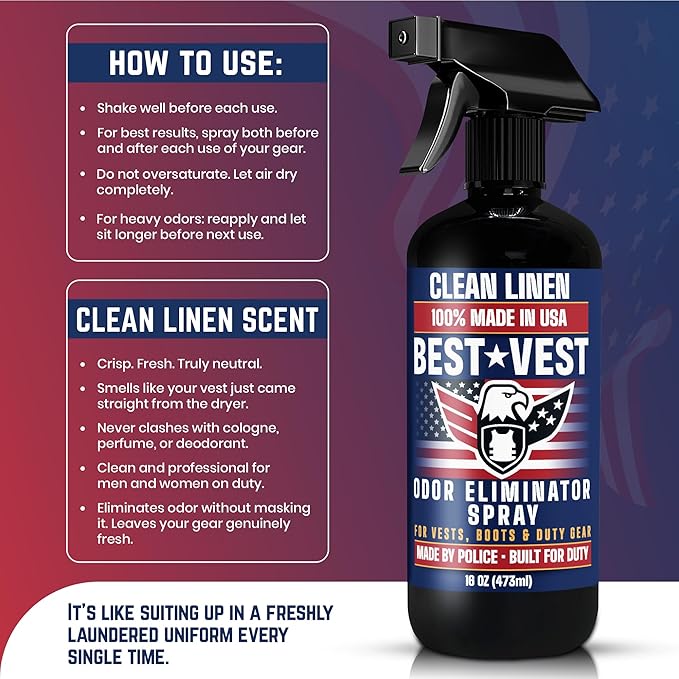 Odor Eliminator Spray for Tactical Gear Vest Carriers Boots and Uniforms Clean Linen Scent 16 fl oz Single Bottle Non Toxic Made in USA