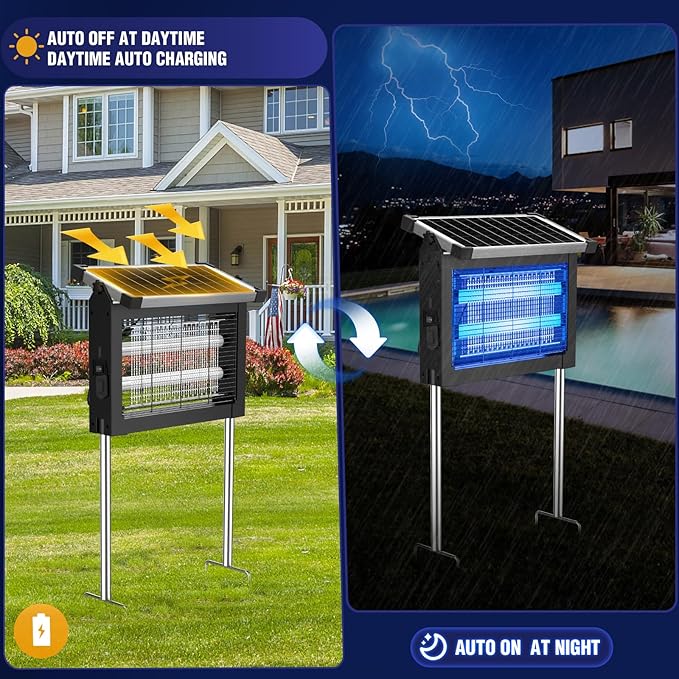 Solar Bug Zapper Outdoor, 4500V Mosquito Zapper Waterproof with Panel Sensor Electric Fly Zapper Rechargeable Mosquito Killer with 10FT Extension Cord, Fly Trap Ideal for Patio, Backyard, Camping