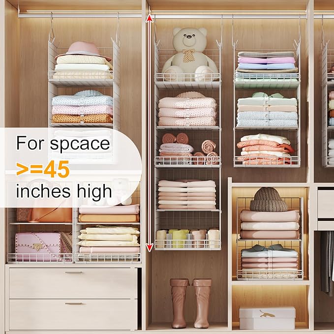 Yuyetuyo ﻿5 Tier Hanging Closet Organizer Separable Hanging Closet Shelves with 4 Hooks 2 Adjustable Dividers, Wire Storage Basket Bins for Clothing Sweaters Socks Dolls Handbags, Foldable