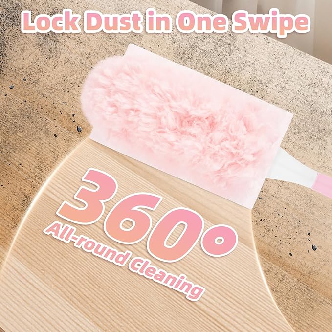 30 Count Pink Duster Refills Compatible with Swiffer Handle, 360° Multi-Surface Duster Refills with 1 Handle, 5X Microfibers Disposable Dusters for Home, Office Cleaning
