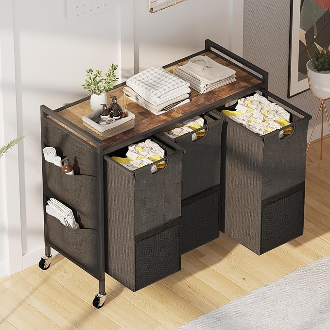 Huhote Laundry Hamper, Laundry Basket, Laundry Sorter with Top Shelf & 3 Removable Washable Bags & Side Pockets for Laundry Room organization, Bathroom and Dorm, Rustic Brown and Black