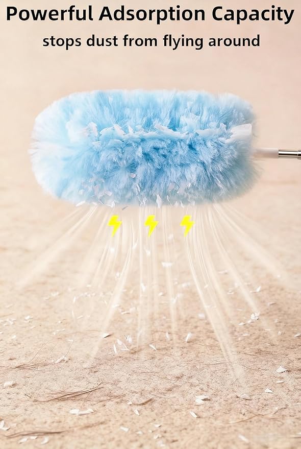 Heavy Duty Duster Refills, Disposable Dusters Kit for Cleaning Dusting Furniture Blind Ceiling Fan, Multi Surface 360 Feather Duster(10)+3FT Extended Handle（1） (Blue)