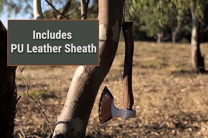 Axe with Carbon Steel Blade and Wooden Handle - Premium Hatchet with Paracord Lanyard & PU Leather Sheath