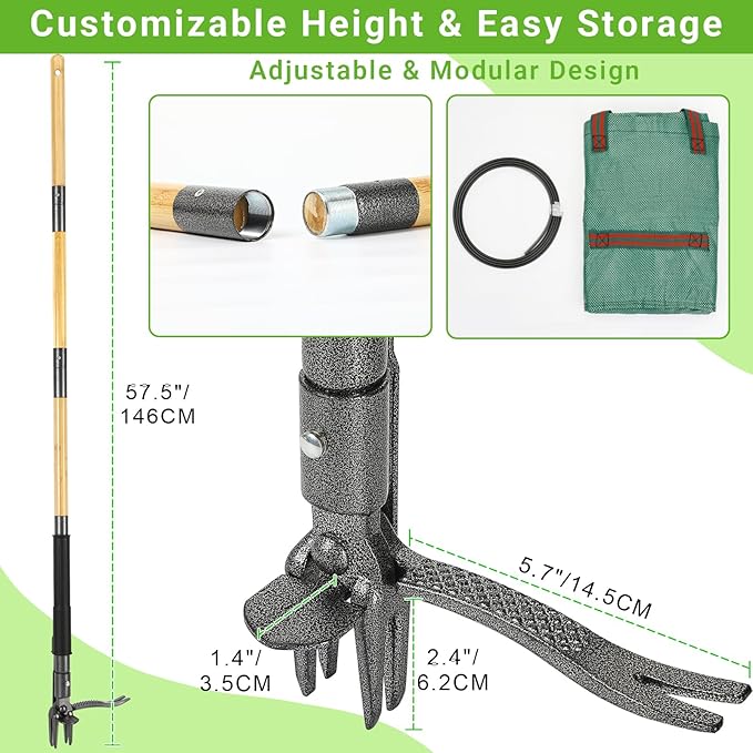 Weed Puller Tool, Heavy Duty Gardening Hand Tools with 4-Claw Steel Head & Dual-Eject Mechanism, 57.5" Bamboo Long Handle Stand Up Weeding Tool for Lawn Yard, Includes 16 Gallon Leaf Bag