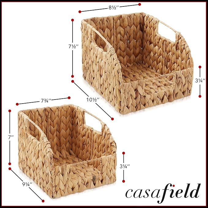 Casafield Set of 2 Water Hyacinth Pantry Baskets with Handles - Natural, Woven Storage Bin Organizers for Kitchen Shelves, Medium and Large Sizes