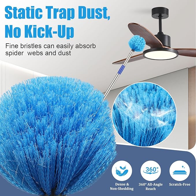 Cobweb Duster with Extension Pole - 8 FT Lightweight Stainless Steel Extendable Duster Ceiling Fan Duster for High Ceilings, Medium Stiff PET Bristle Spider Web Brush for Indoor/Outdoor Cleaning