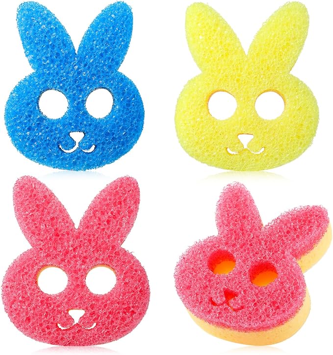 3 Pcs Dual Sided Scrub Sponge Multi Functional Cute Temperature Sensitive Non Scratch Dish Sponge for Washing Dishes Kitchen Bathroom(Rabbit,Pink, Yellow, Blue)
