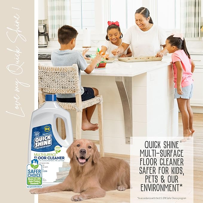 Quick Shine Multi Surface Floor Cleaner 64oz, 4Pk | Ready to Use-Streak Free- No Rinse | Use on Hardwood, Laminate, Luxury Vinyl Plank & Stone | Use in Spray Mops & Vac Mops | Safer Choice Cleaner