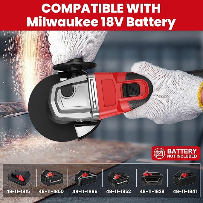 Cordless Angle Grinder Compatible with Milwaukee 18V Battery (NO BATTERY), 4-1/2 Inch Angle Grinder Power Tool with Spanner, 3 Variable Speed, MAX 8500 RPM, Brushless Motor