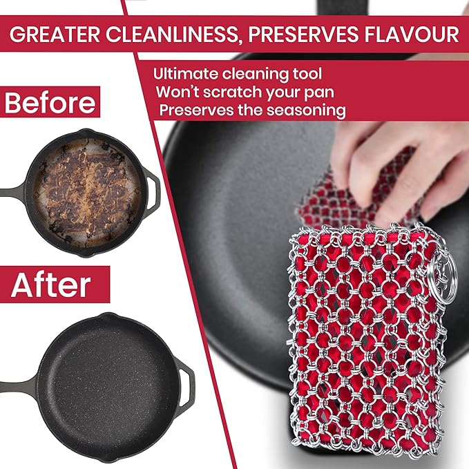 Cast Iron Scrubber Kit + Pan Scraper - 316 Cast Iron Chainmail Scrubber - Skillet Cleaner Scrubber - Cast Pan Scrubber Cleaner - Chainmail Chain Scrubber - Silicone Sponge - Dishwaher Safe