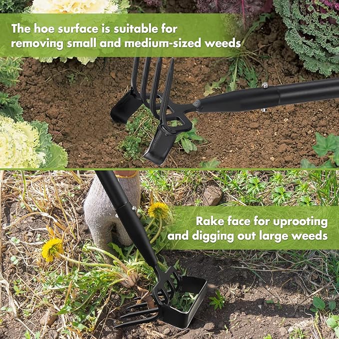 INFLATION Heavy Duty Metal Gardening Weed Puller Tool 4 Tines Prong 2-in-1 Herb Stripper Yard Rake for Women Kids Men Garden Grandpas Weeder 32-62 inch Long Adjustable Handle
