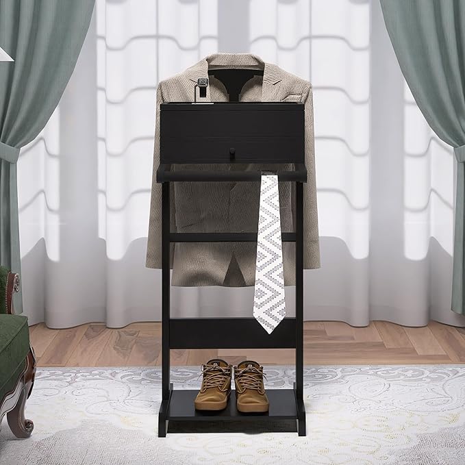 Wooden Valet Stand for Men, Suit Valet Stand with Top Tray, Storage Drawer, Bottom Shoe Rack, Freestanding Clothes Rack for Living Room, Entryway, Bedroom (Black with 2 Storage Drawers)