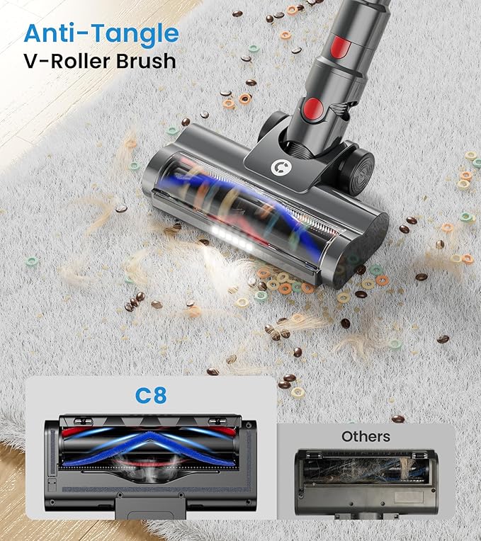 CHEBIO Cordless Vacuum Cleaner, 500W/45Kpa Vacuum Cleaners for Home with LED Display, 8 in 1 Lightweight Stick Vacuum with 60Min Runtime, Anti-tangle, Wall Mount Charging for HardFloor/Carpet/Pet Hair