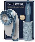 Farberware Fabric Shaver & Lint Remover Set–Battery Operated Sweater Shaver with Triple Blades and Extra Sticky Roller for Pet Hair, Fuzz & Pilling on Clothes, Upholstery & Bedding (Gray/Blue, Large)