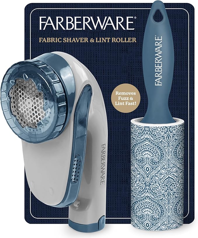 Farberware Fabric Shaver & Lint Remover Set–Battery Operated Sweater Shaver with Triple Blades and Extra Sticky Roller for Pet Hair, Fuzz & Pilling on Clothes, Upholstery & Bedding (Gray/Blue, Large)