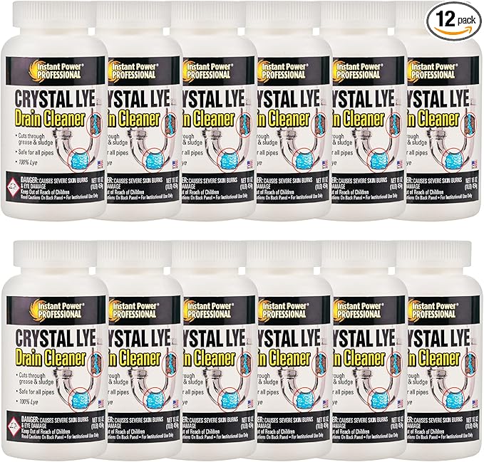 Instant Power Professional Crystal Lye Drain Cleaner, Drain Clog Remover Made of Pure Lye Crystals (12 Pack)
