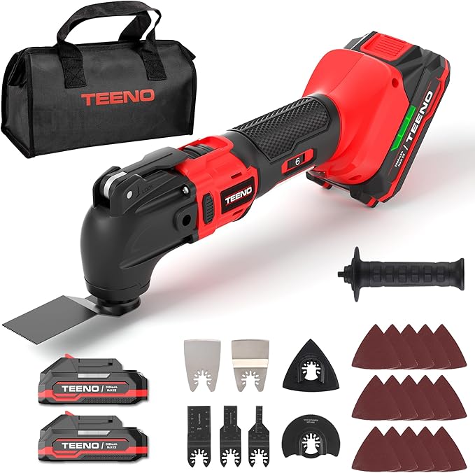 TEENO 20V Cordless Oscillating Tool with 2 Batteries, 4° Oscillation Angle Oscillating Saw, 6 Variable Speeds with Quick-Lock Change System, 26PCS Multitool Blades & Carrying Bag for DIY Projects