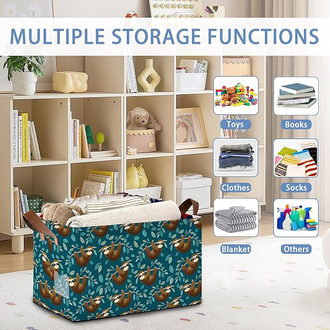 Funny Sloth Storage Baskets,Leaves Foldable Organizer Bin with Handles for Home Living Room Bedroom Closet Box 17x11.5x10Inch
