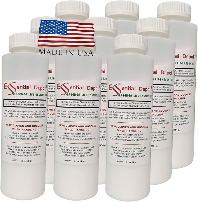 Essential Depot 9 lbs Food Grade Sodium Hydroxide Lye Evenly-Sized Micro Pels (Beads or Particles) - 9 x 1 lb Bottles - Lye Drain Cleaner