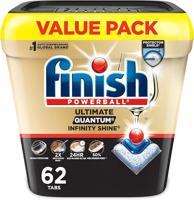 Finish Ultimate Quantum Infinity Shine Dishwasher Pods, New & Improved Formula, Dishwasher Detergent Dish Soap, Removes Burnt-On & Dried-On Stain, Degreasing, Scrubbing, & Shining Power, 62 Count