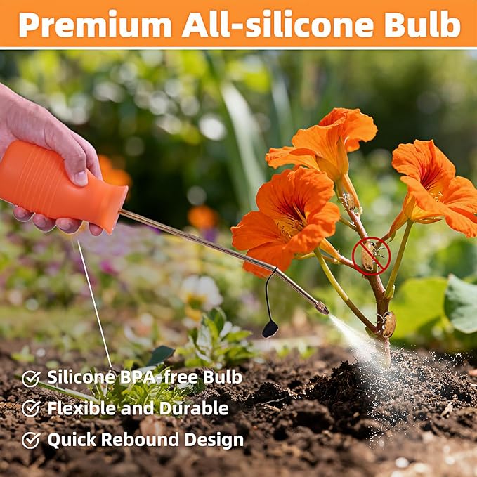 Diatomaceous Earth Duster, 230ml Large, Powder Duster Kit with Long Copper Tube & Folding Funnel, Indoor Outdoor Silicone Sprayer Heavy Duty Bulb Applicator for Home and Garden(Orange)