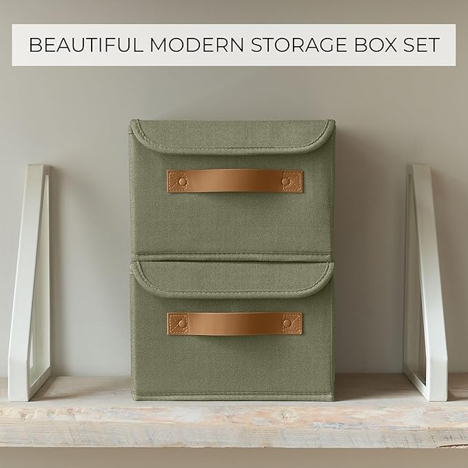 Decorative Linen Storage Boxes with Lids - Spacious Set of 2 Organizer Bins for Your Home Decor - The Perfect Small Container to Safely Store Photos, Documents and Memory Box Keepsakes in Style